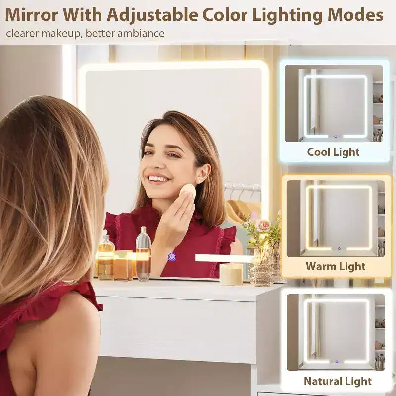 Toeletta con Specchio e Luci, Moderna Toeletta Trucco, Set Tavolo e Sedia Toeletta con 4 Cassetti e 7 Ripiani, Luminosità Regolabile