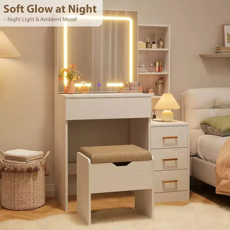 Toeletta con Specchio e Luci, Moderna Toeletta Trucco, Set Tavolo e Sedia Toeletta con 4 Cassetti e 7 Ripiani, Luminosità Regolabile