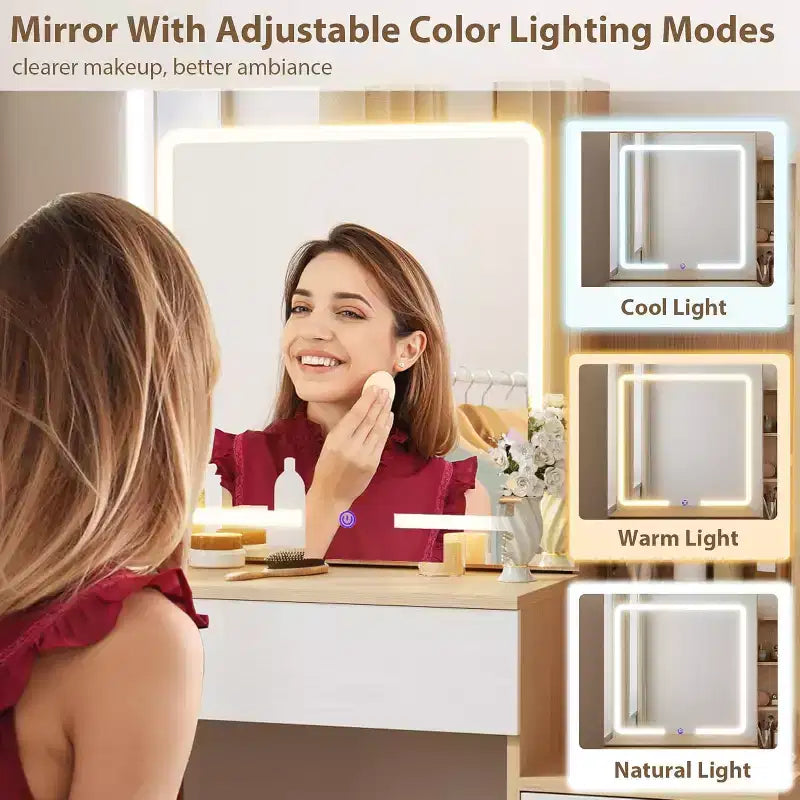 Toeletta con Specchio e Luci, Moderna Toeletta Trucco, Set Tavolo e Sedia Toeletta con 4 Cassetti e 7 Ripiani, Luminosità Regolabile