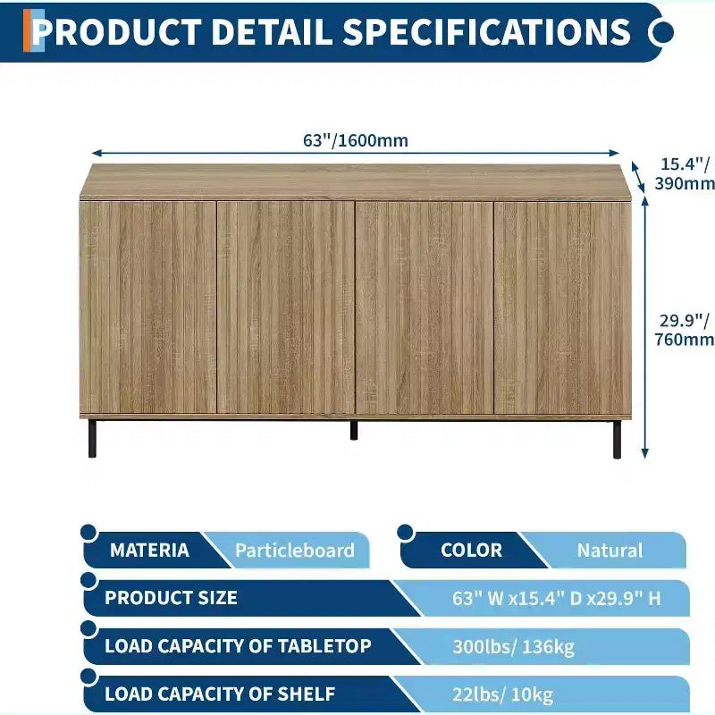 Acekool 63 Mobile Contenitore Scanalato, Credenza a 4 Ante con Ripiani Regolabili e Gambe in Metallo, Madia Moderna per Soggiorno, Ingresso
