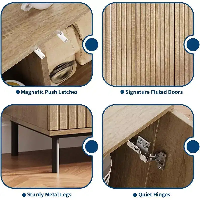 Acekool 63 Mobile Contenitore Scanalato, Credenza a 4 Ante con Ripiani Regolabili e Gambe in Metallo, Madia Moderna per Soggiorno, Ingresso