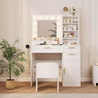 Acekool White Vanity Desk with LED Lighted Mirror, Power Outlet, 3 Drawers, USB Ports, Storage Cabinet & Stool for Bedroom or Dorm