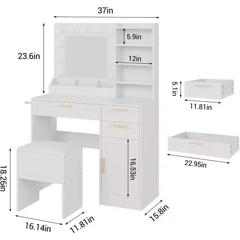 Acekool Toeletta Bianca con Specchio Illuminato a LED, Presa di Corrente, 3 Cassetti, Porte USB, Mobile Contenitore e Sgabello per Camera da Letto o Dormitorio