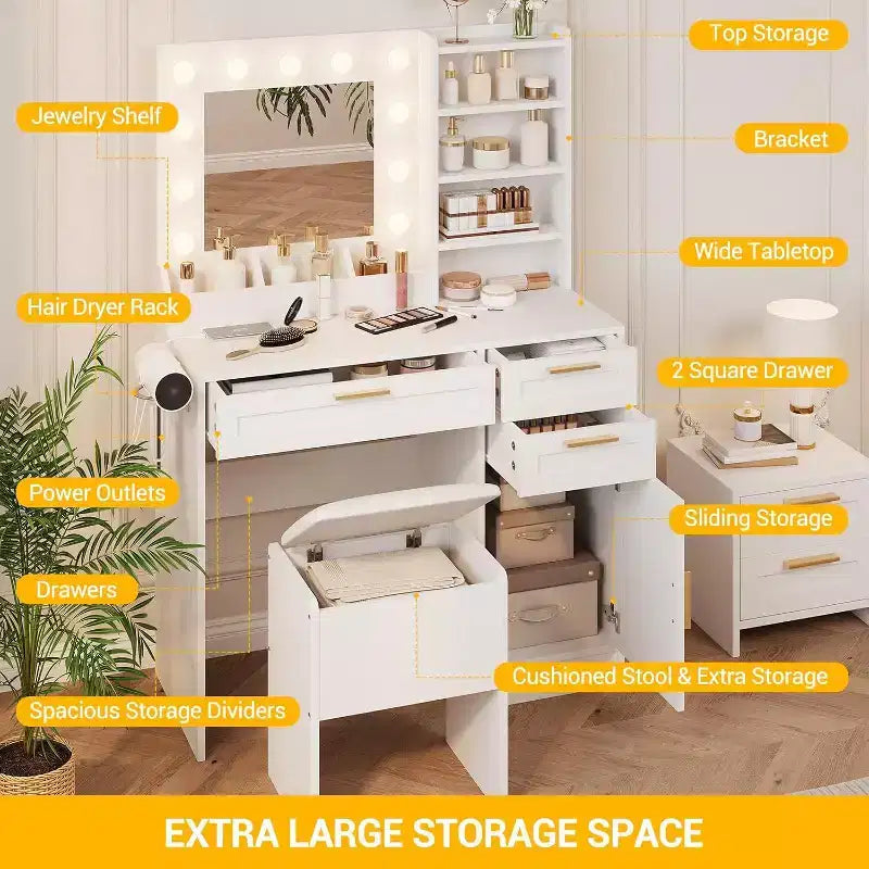 Acekool Toeletta Bianca con Specchio Illuminato a LED, Presa di Corrente, 3 Cassetti, Porte USB, Mobile Contenitore e Sgabello per Camera da Letto o Dormitorio