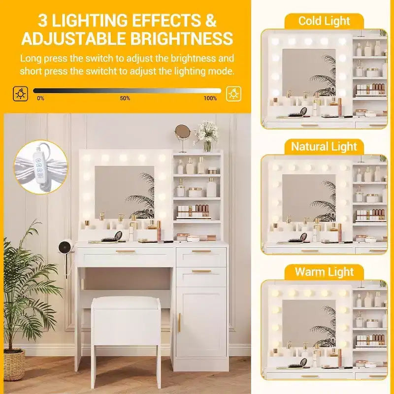 Acekool Toeletta Bianca con Specchio Illuminato a LED, Presa di Corrente, 3 Cassetti, Porte USB, Mobile Contenitore e Sgabello per Camera da Letto o Dormitorio