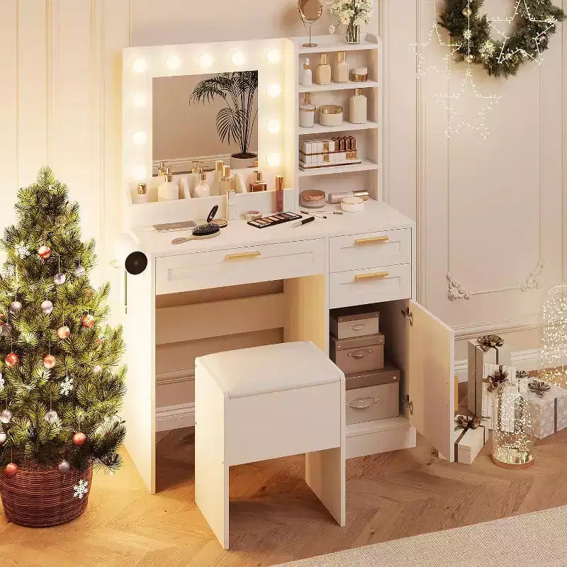 Acekool Toeletta Bianca con Specchio Illuminato a LED, Presa di Corrente, 3 Cassetti, Porte USB, Mobile Contenitore e Sgabello per Camera da Letto o Dormitorio