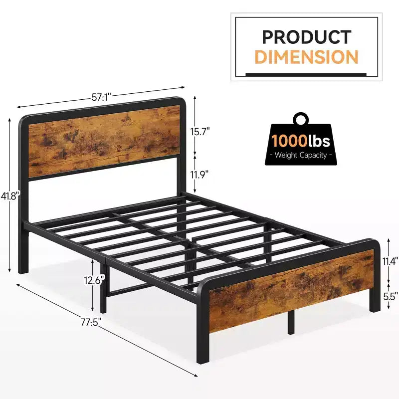 Coolmee - Struttura letto in metallo per materasso Full/Queen Size con testiera rustica in legno vintage, base per materasso con angoli arrotondati di sicurezza