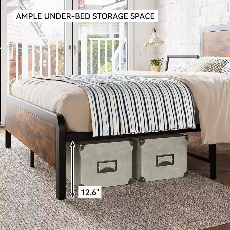 Coolmee - Struttura letto in metallo per materasso Full/Queen Size con testiera rustica in legno vintage, base per materasso con angoli arrotondati di sicurezza