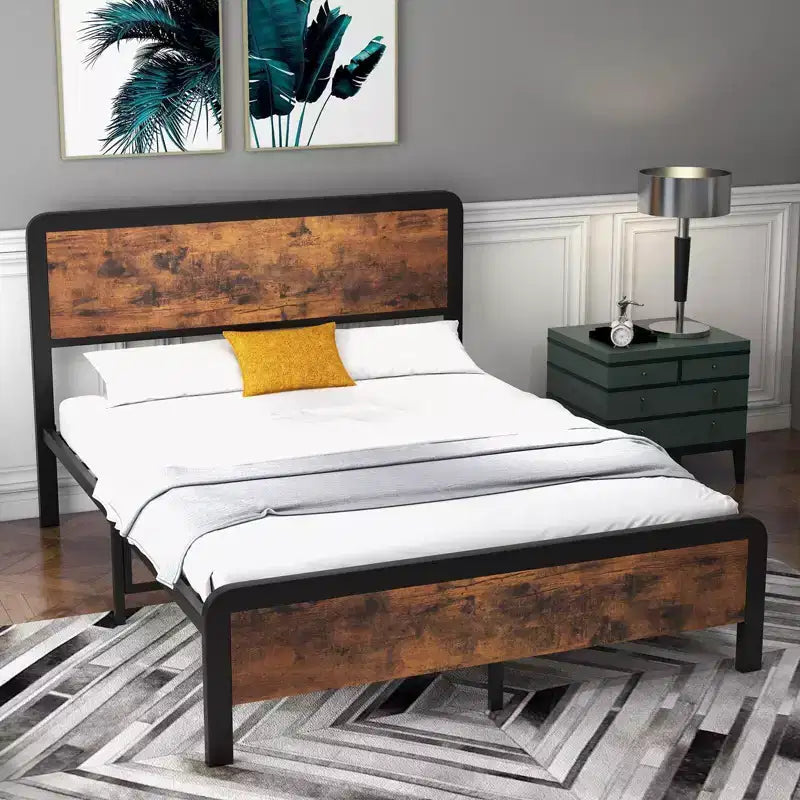 Coolmee - Struttura letto in metallo per materasso Full/Queen Size con testiera rustica in legno vintage, base per materasso con angoli arrotondati di sicurezza
