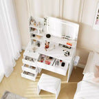 Scrivania da trucco da 36 pollici, tavolo da trucco moderno per camera da letto, 4 grandi cassetti, 3 modalità di illuminazione, ripiani portaoggetti per camera da letto