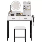 Adjustable Vanity Desk with Rotating Mirror and Storage Shelves, 2 Drawers & Stool, for Bedroom, Dressing Room