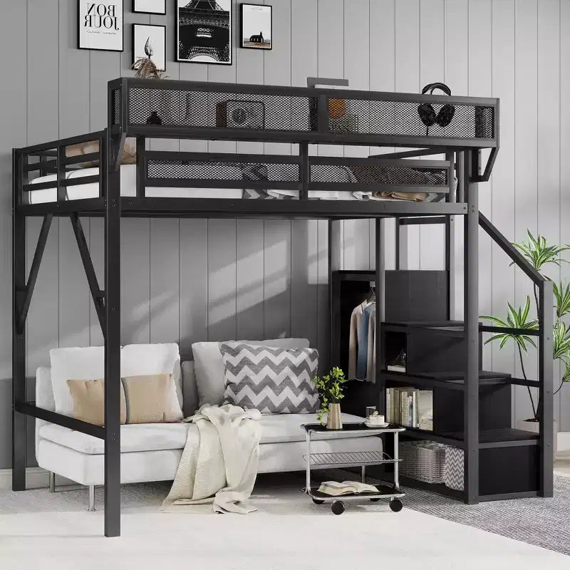 Letto a soppalco in metallo nero a grandezza naturale con scale, scaffali e letto a soppalco alto con armadio per bambini e ragazzi