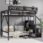 Letto a soppalco in metallo nero a grandezza naturale con scale, scaffali e letto a soppalco alto con armadio per bambini e ragazzi