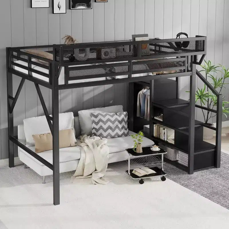 Letto a soppalco in metallo nero a grandezza naturale con scale, scaffali e letto a soppalco alto con armadio per bambini e ragazzi