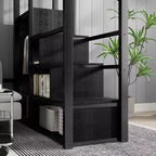 Letto a soppalco in metallo nero a grandezza naturale con scale, scaffali e letto a soppalco alto con armadio per bambini e ragazzi