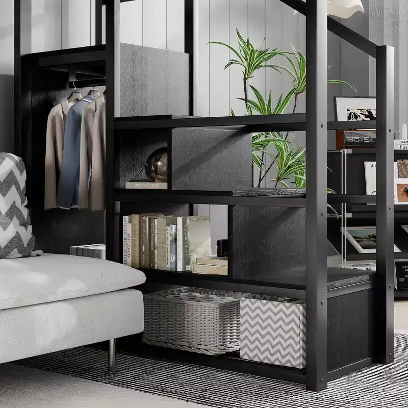 Letto a soppalco in metallo nero a grandezza naturale con scale, scaffali e letto a soppalco alto con armadio per bambini e ragazzi