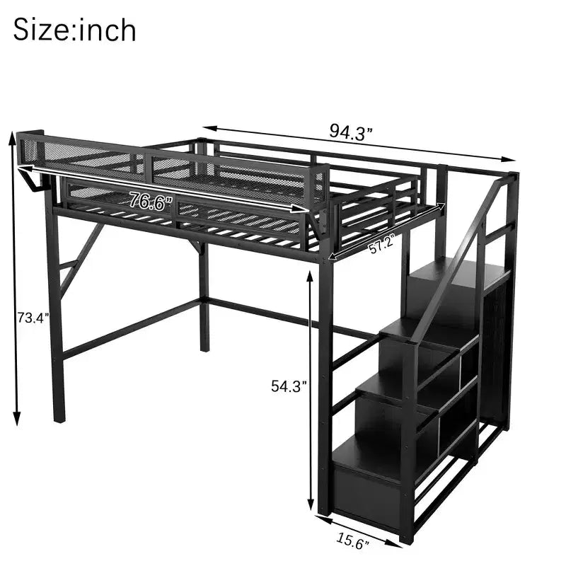 Letto a soppalco in metallo nero a grandezza naturale con scale, scaffali e letto a soppalco alto con armadio per bambini e ragazzi