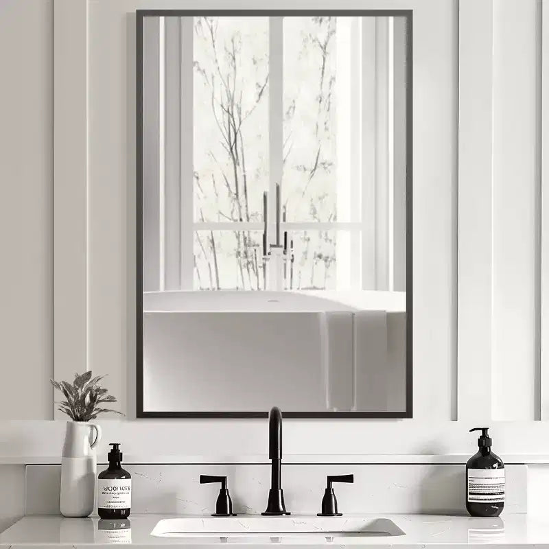 MAYEERTY Specchio da Parete con Bordo Sottile in Lega di Alluminio Angolo Retto Rettangolare Oro 38x26x1 pollici Biadesivo