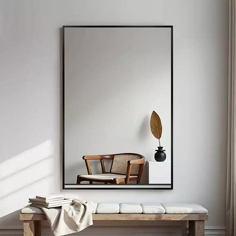 MAYEERTY Specchio da Parete con Bordo Sottile in Lega di Alluminio Angolo Retto Rettangolare Oro 38x26x1 pollici Biadesivo
