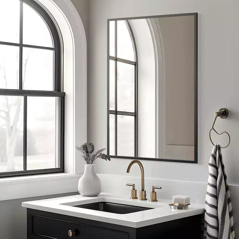 MAYEERTY Specchio da Parete con Bordo Sottile in Lega di Alluminio Angolo Retto Rettangolare Oro 38x26x1 pollici Biadesivo