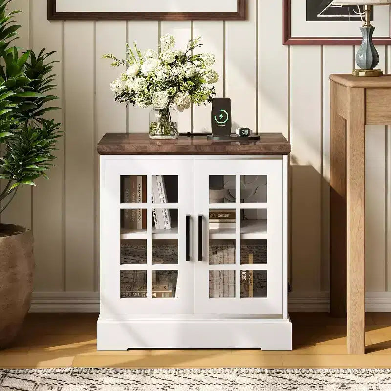 Acekool 24 Wood Nightstand with Charging Station, Farmhouse End Table with Tempered Glass Doors, Adjustable Shelf, USB Ports