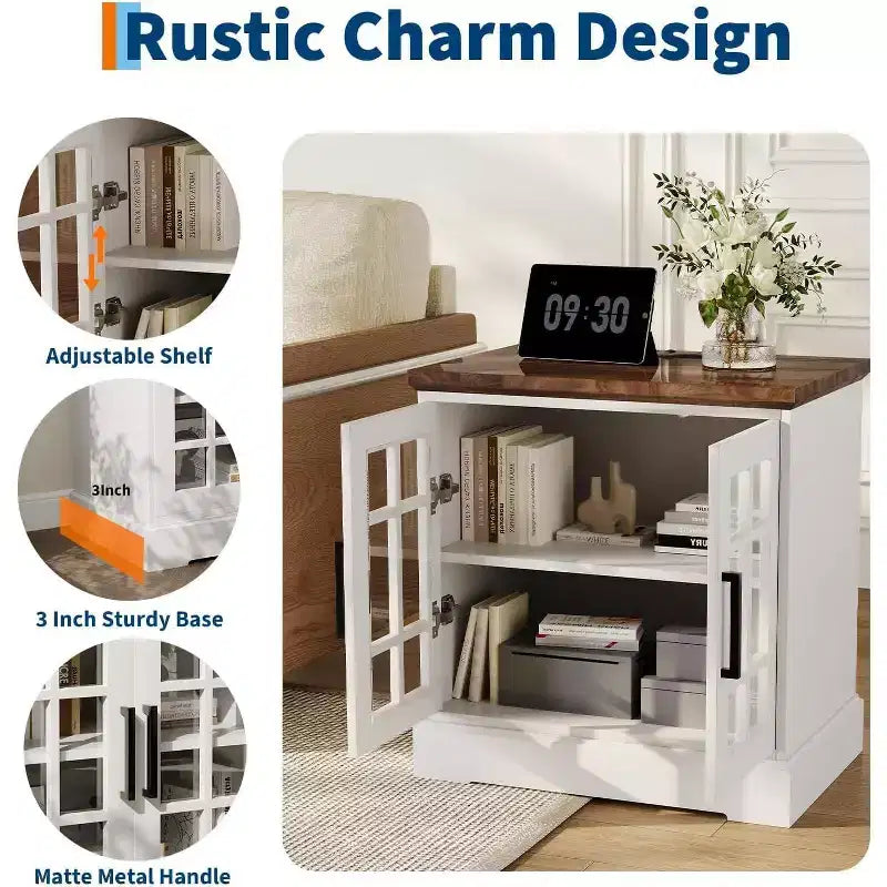 Acekool Comodino in legno 24, con stazione di ricarica, tavolino d'appoggio in stile rustico con ante in vetro temperato, ripiano regolabile, porte USB