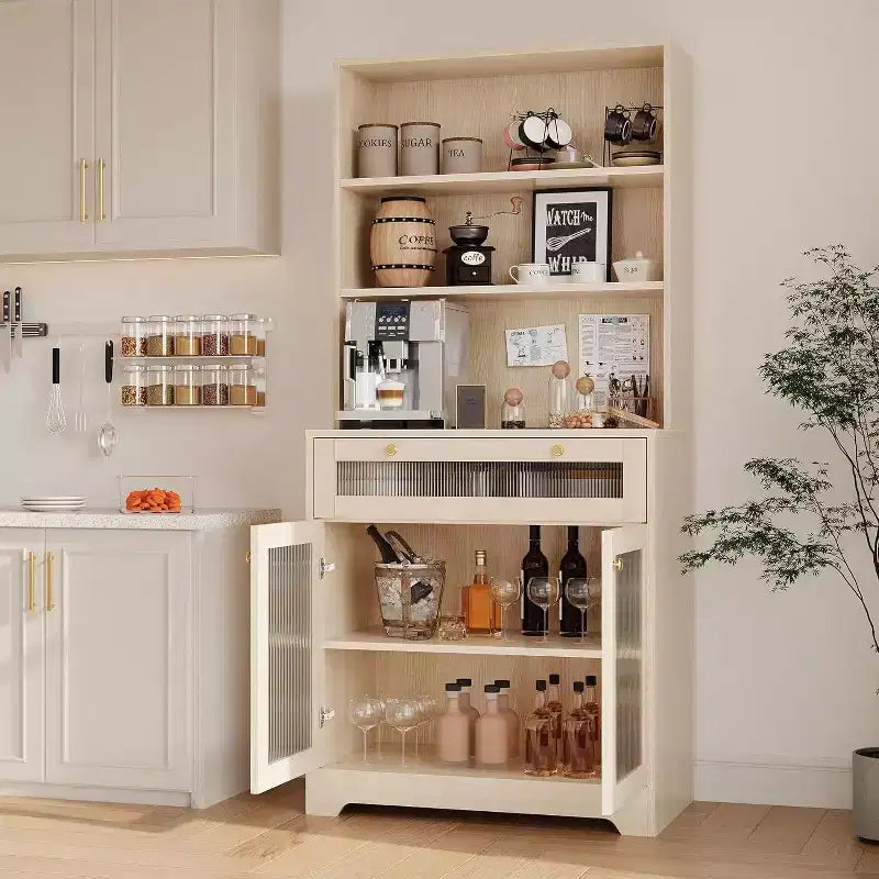 Mobile da dispensa Acekool con ante in vetro, 3 ripiani aperti e cassetto, ripiani regolabili, tavolo da bar per caffè per cucina e sala da pranzo, bianco