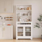 Acekool Kitchen Pantry Cabinet with Glass Doors, 3-Tier Open Shelf & Drawer, Adjustable Shelves, Coffee Bar Table for Kitchen & Dining Room, White