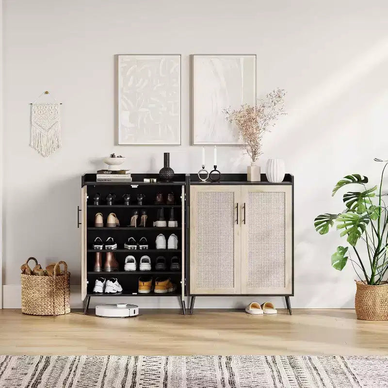Acekool Scarpiera in Rattan a 6 Ripiani - Organizer con Ante e Ripiani Regolabili per Ingresso, Corridoio e Armadio, Intreccio Naturale