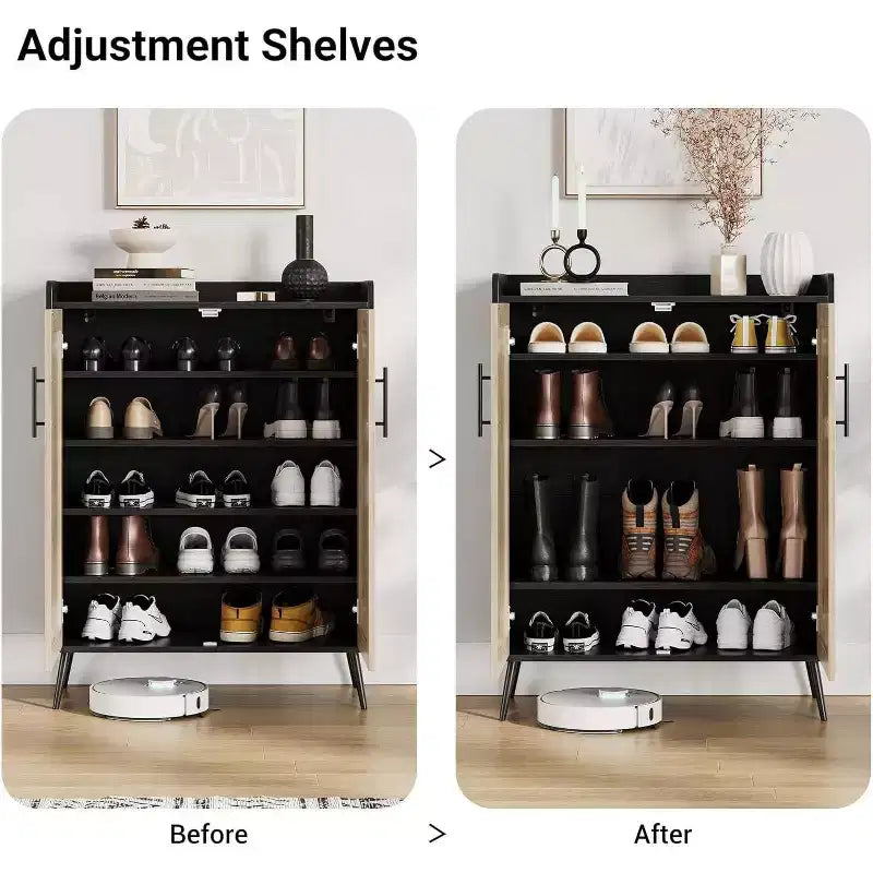 Acekool Scarpiera in Rattan a 6 Ripiani - Organizer con Ante e Ripiani Regolabili per Ingresso, Corridoio e Armadio, Intreccio Naturale