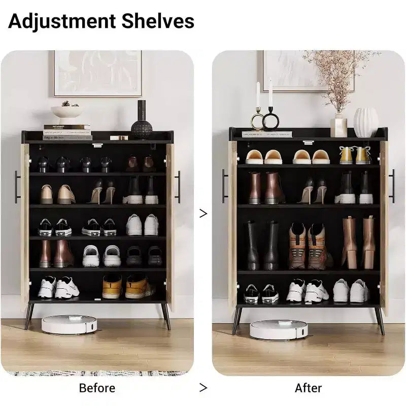 Acekool Scarpiera in Rattan a 6 Ripiani - Organizer con Ante e Ripiani Regolabili per Ingresso, Corridoio e Armadio, Intreccio Naturale