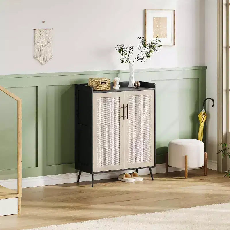 Acekool Scarpiera in Rattan a 6 Ripiani - Organizer con Ante e Ripiani Regolabili per Ingresso, Corridoio e Armadio, Intreccio Naturale