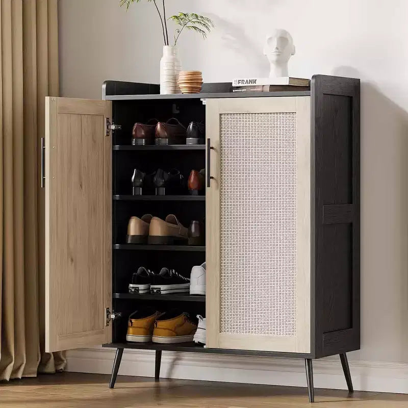 Acekool Scarpiera in Rattan a 6 Ripiani - Organizer con Ante e Ripiani Regolabili per Ingresso, Corridoio e Armadio, Intreccio Naturale