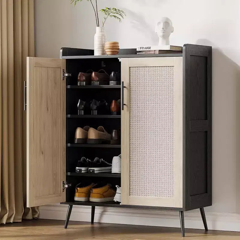Acekool Scarpiera in Rattan a 6 Ripiani - Organizer con Ante e Ripiani Regolabili per Ingresso, Corridoio e Armadio, Intreccio Naturale