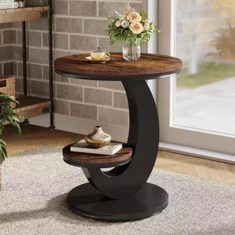 Tavolino rotondo Lantine, tavolino a 2 ripiani, comodino in legno con struttura in metallo ad arco per piccoli spazi, soggiorno, camera da letto