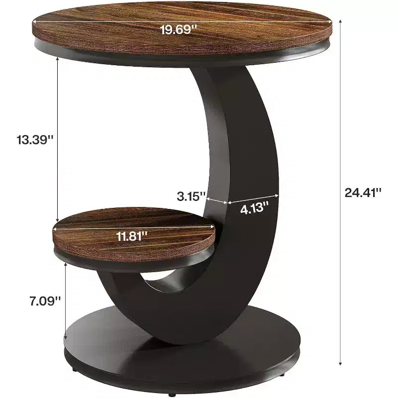 Tavolino rotondo Lantine, tavolino a 2 ripiani, comodino in legno con struttura in metallo ad arco per piccoli spazi, soggiorno, camera da letto