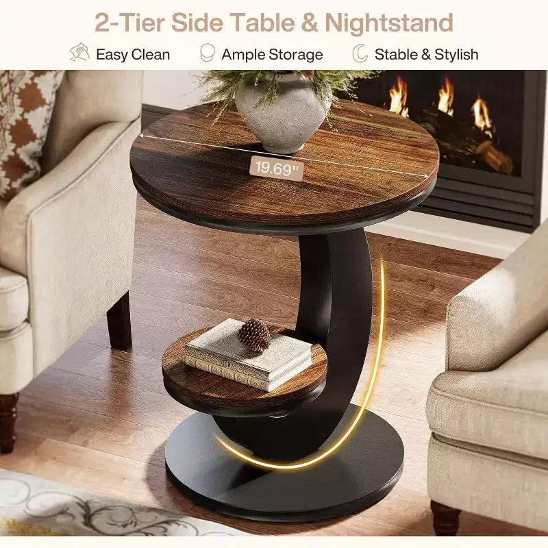 Tavolino rotondo Lantine, tavolino a 2 ripiani, comodino in legno con struttura in metallo ad arco per piccoli spazi, soggiorno, camera da letto