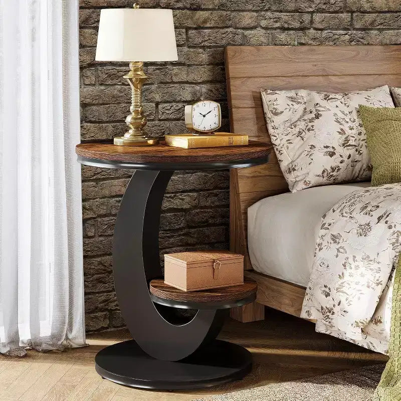 Tavolino rotondo Lantine, tavolino a 2 ripiani, comodino in legno con struttura in metallo ad arco per piccoli spazi, soggiorno, camera da letto