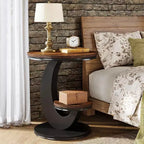 Tavolino rotondo Lantine, tavolino a 2 ripiani, comodino in legno con struttura in metallo ad arco per piccoli spazi, soggiorno, camera da letto