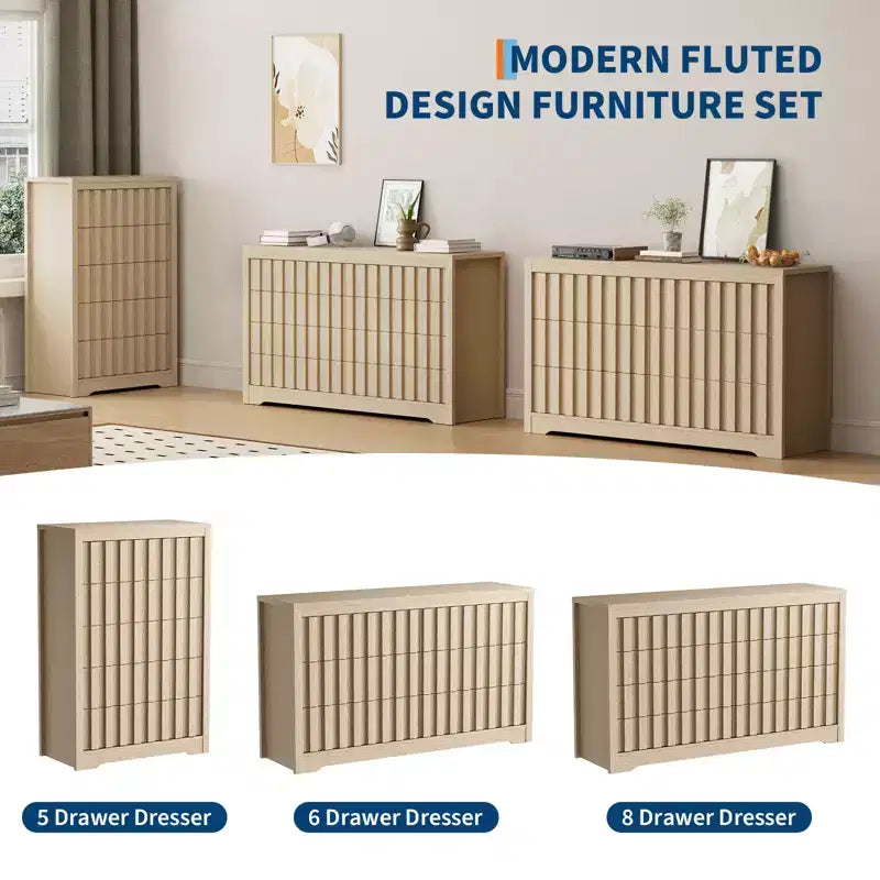 Cassettiera a 5 cassetti scanalati per camera da letto, Comò moderno, Frontali scanalati, Organizer in legno per camera da letto, Soggiorno