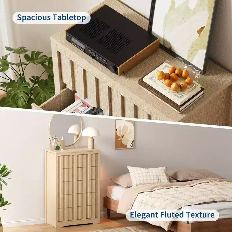Cassettiera a 5 cassetti scanalati per camera da letto, Comò moderno, Frontali scanalati, Organizer in legno per camera da letto, Soggiorno