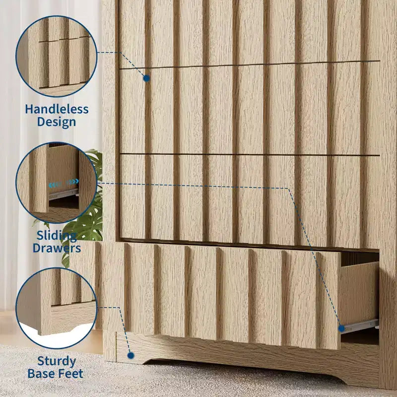 Cassettiera a 5 cassetti scanalati per camera da letto, Comò moderno, Frontali scanalati, Organizer in legno per camera da letto, Soggiorno