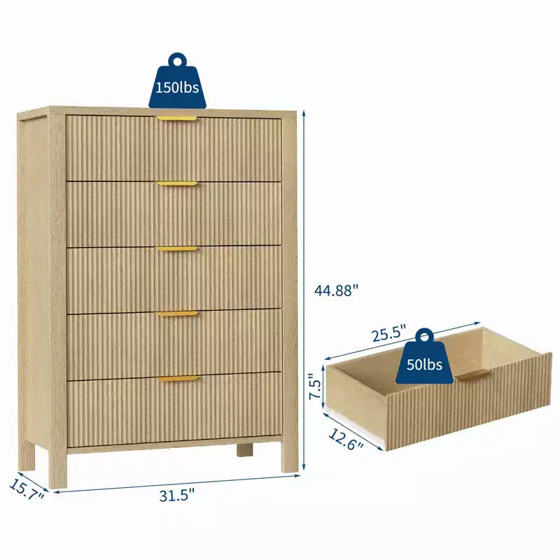 Comò da camera da letto, Comò a 5 cassetti scanalato, Cassettiera alta moderna 45, Cassettiera moderna in stile rustico, Organizzatore di cassetti in legno per ingresso
