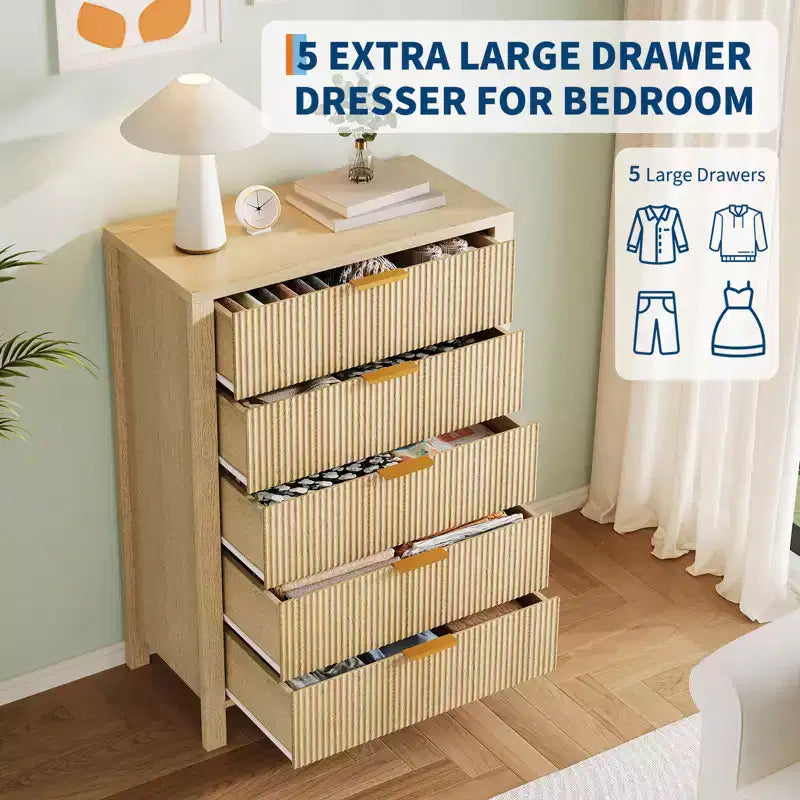 Comò da camera da letto, Comò a 5 cassetti scanalato, Cassettiera alta moderna 45, Cassettiera moderna in stile rustico, Organizzatore di cassetti in legno per ingresso