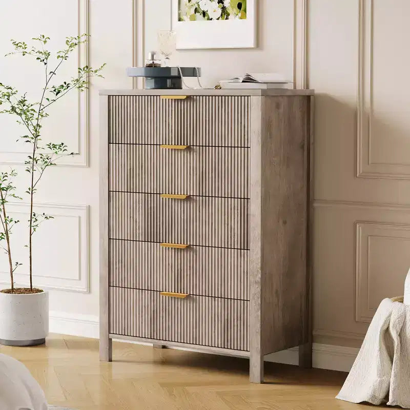 Comò da camera da letto, Comò a 5 cassetti scanalato, Cassettiera alta moderna 45, Cassettiera moderna in stile rustico, Organizzatore di cassetti in legno per ingresso