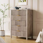 Comò da camera da letto, Comò a 5 cassetti scanalato, Cassettiera alta moderna 45, Cassettiera moderna in stile rustico, Organizzatore di cassetti in legno per ingresso