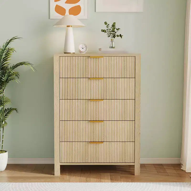 Comò da camera da letto, Comò a 5 cassetti scanalato, Cassettiera alta moderna 45, Cassettiera moderna in stile rustico, Organizzatore di cassetti in legno per ingresso