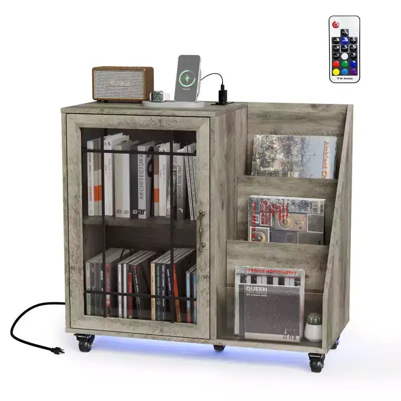 Karl Home Record Player Stand Storage with LED Lights  Charging Station