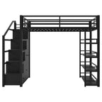 Letto a soppalco in metallo full size con ripiani, letto a soppalco resistente con scalinata, armadi e guardaroba, nero
