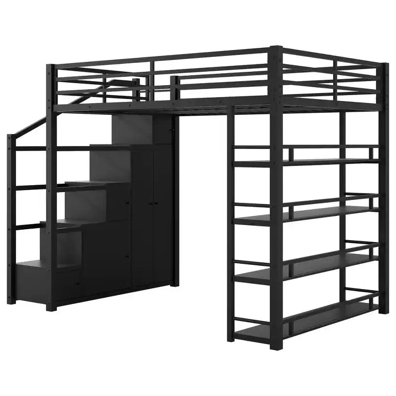 Letto a soppalco in metallo full size con ripiani, letto a soppalco resistente con scalinata, armadi e guardaroba, nero